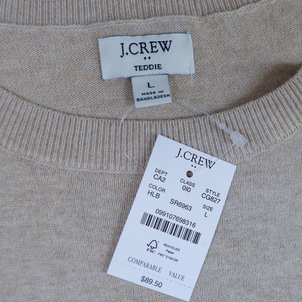 J.Crew Teddie Sweater Womens Large Tan White Striped Cotton Crewneck Coastal NWT - Picture 4 of 12